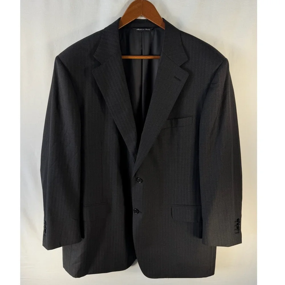 Canali Mens Pinstripe Blazer Charcoal Grey Pure Wool Water Resistant 56R Italy